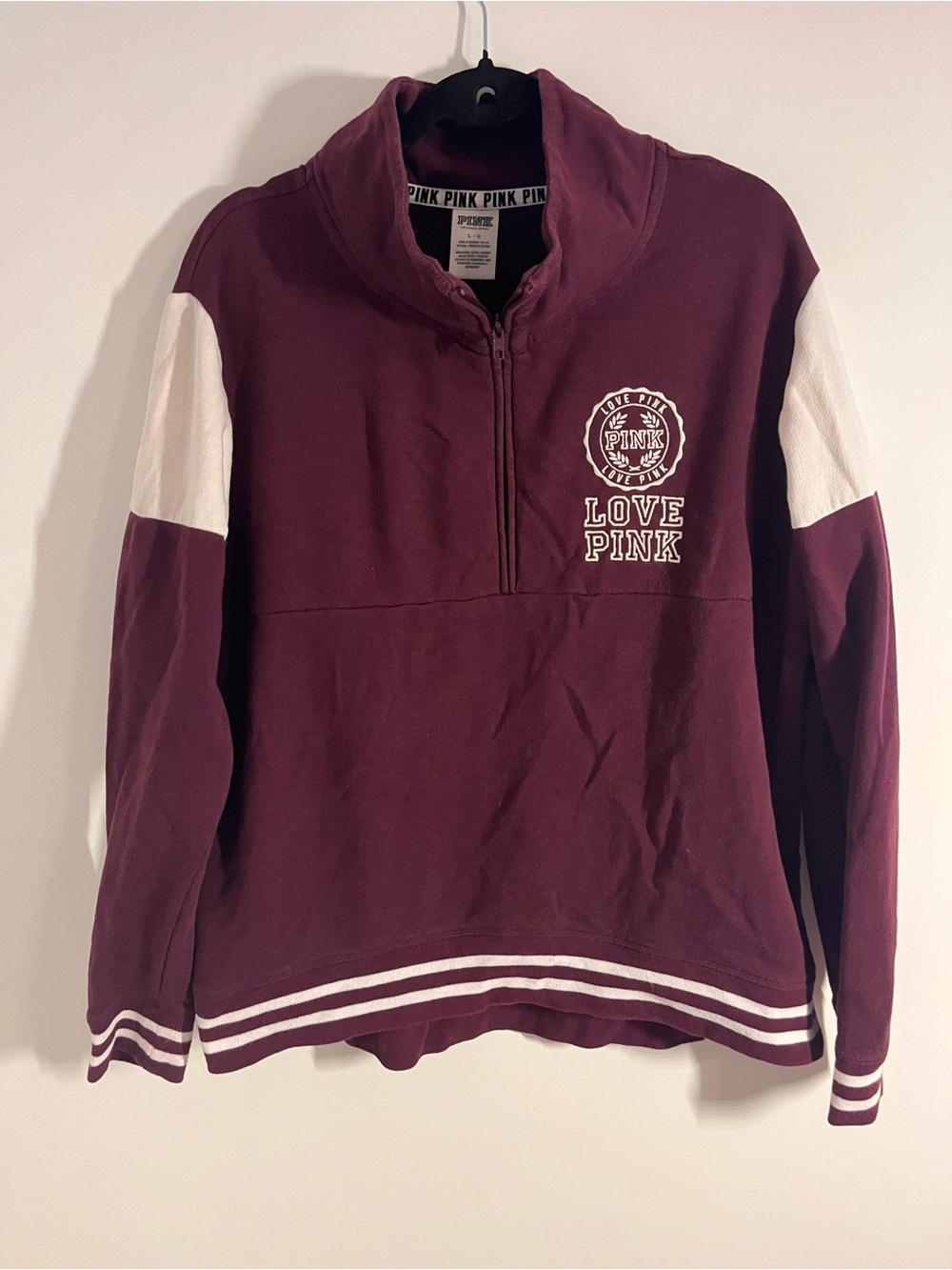 PINK Victoria's Secret Maroon and White Half-Zip Pullover